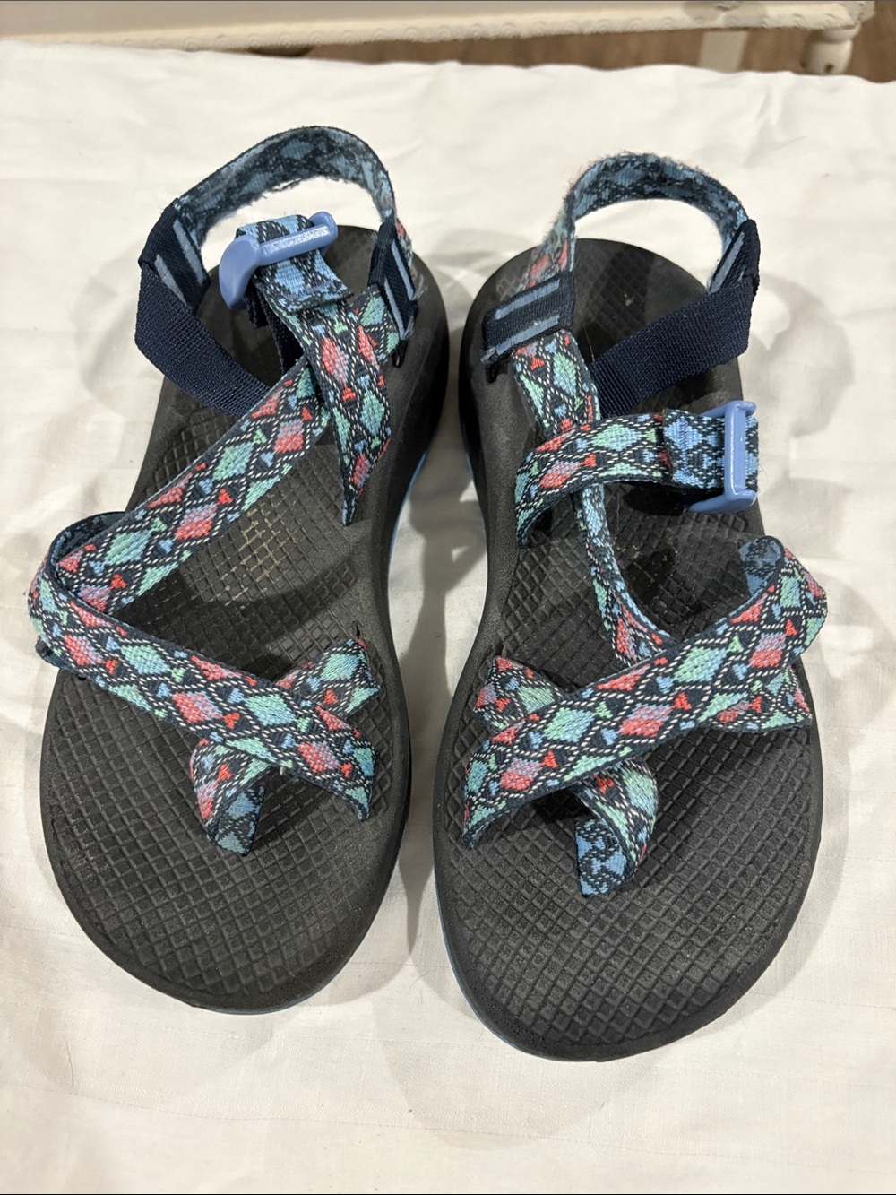 Chaco Colorful Strappy Outdoor Sandals - Black Base with Blue & Pink Pattern